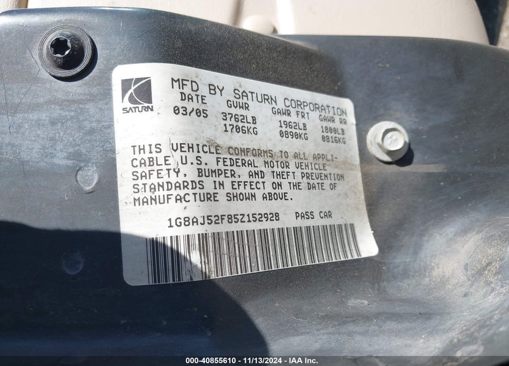 2005 SATURN ION 2 VIN: 1G8AJ52F85Z152928