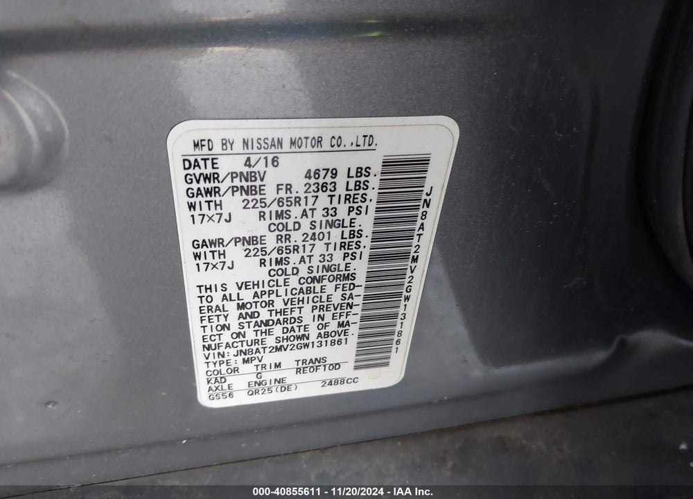 2016 NISSAN ROGUE SV VIN: JN8AT2MV2GW131861