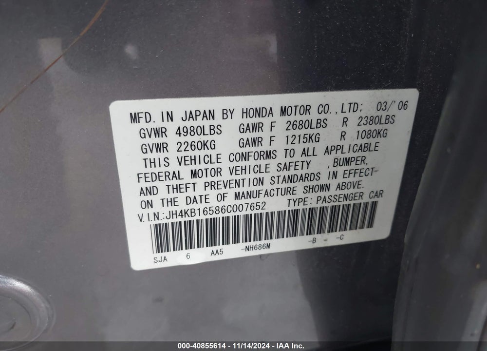 2006 ACURA RL 3.5 VIN: JH4KB16586C007652