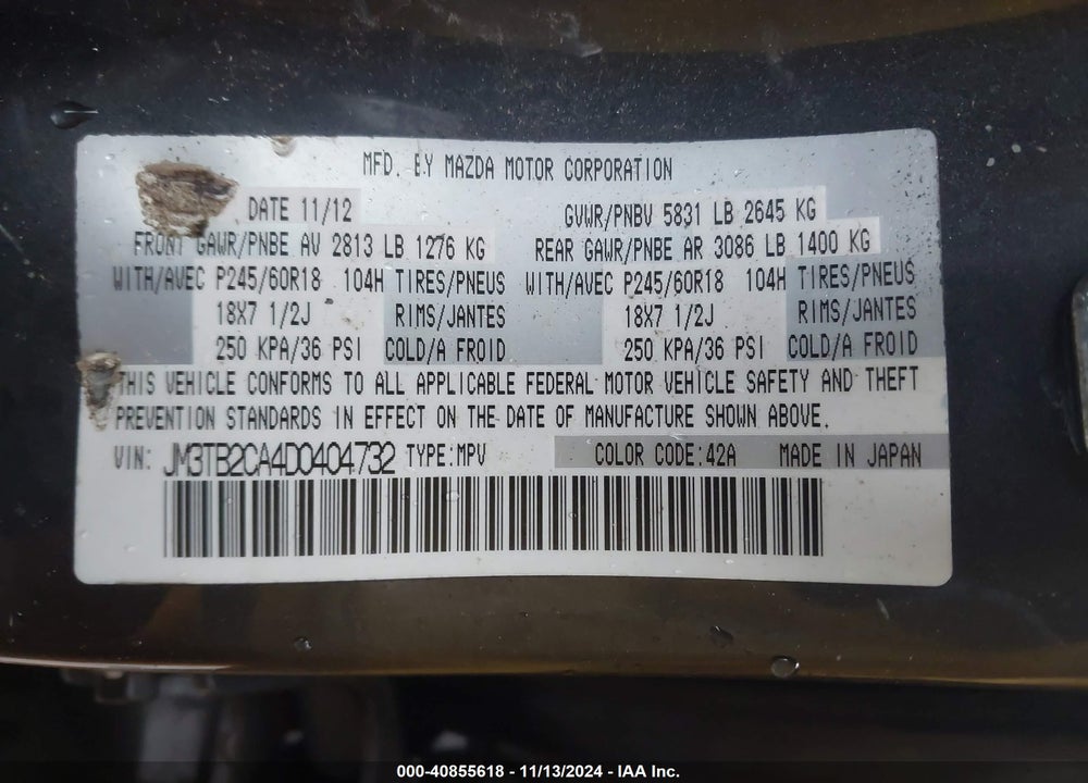 2013 MAZDA CX-9 TOURING VIN: JM3TB2CA4D0404732