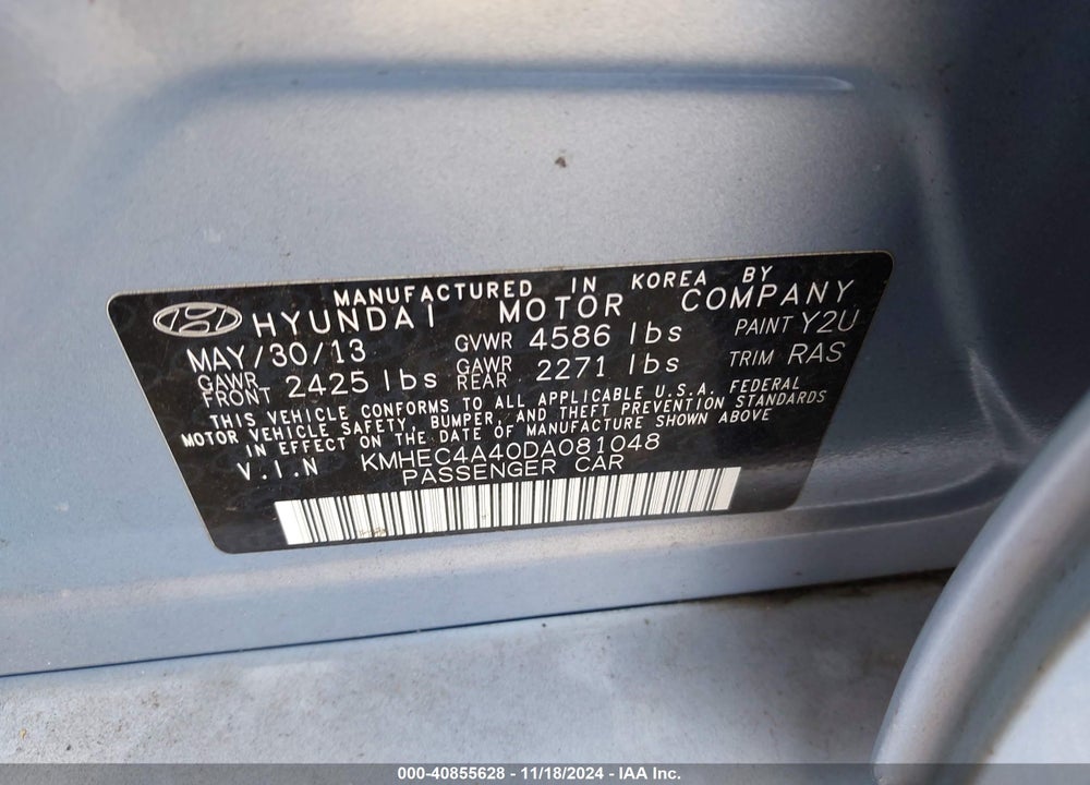 2013 HYUNDAI SONATA HYBRID LIMITED VIN: KMHEC4A40DA081048