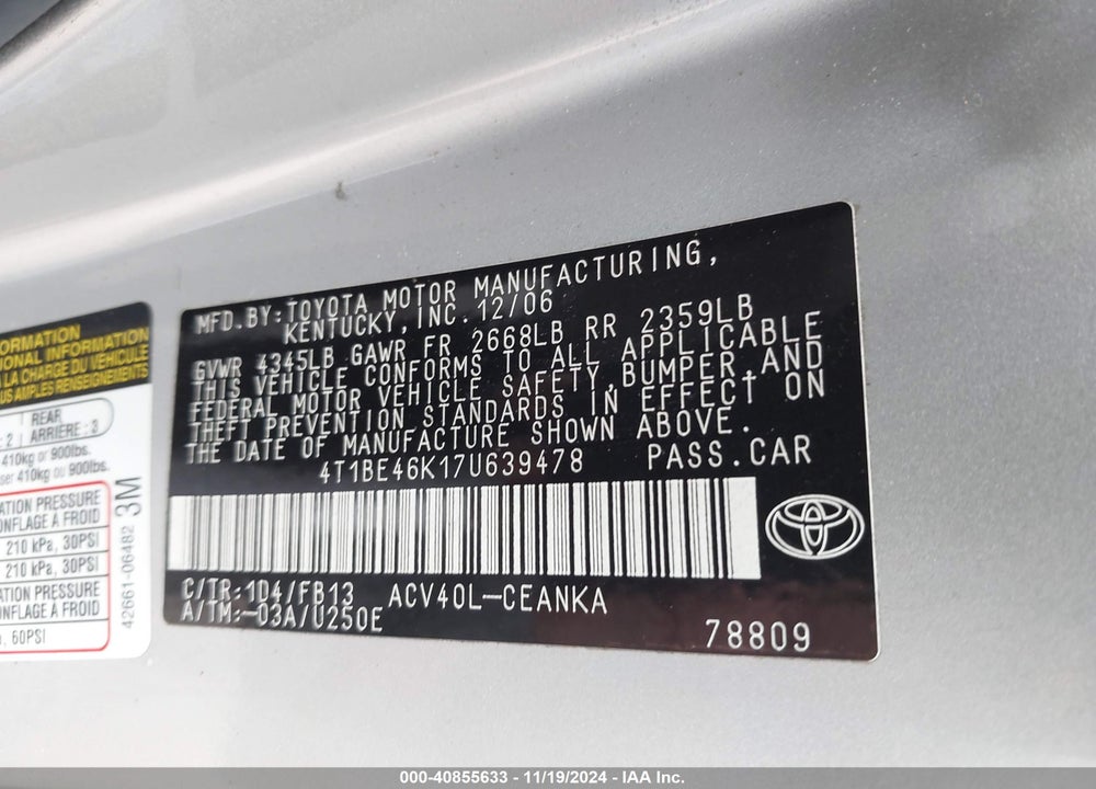 2007 TOYOTA CAMRY LE VIN: 4T1BE46KT7U639478