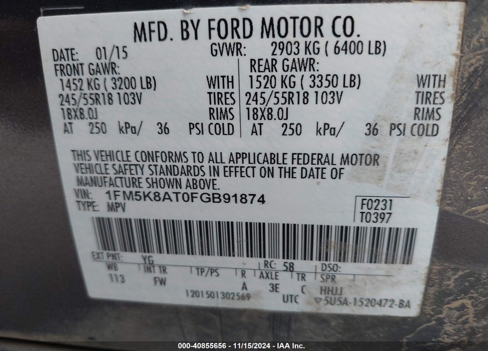 2015 FORD UTILITY POLICE INTERCEPTOR VIN: 1FM5K8AT0FGB91874