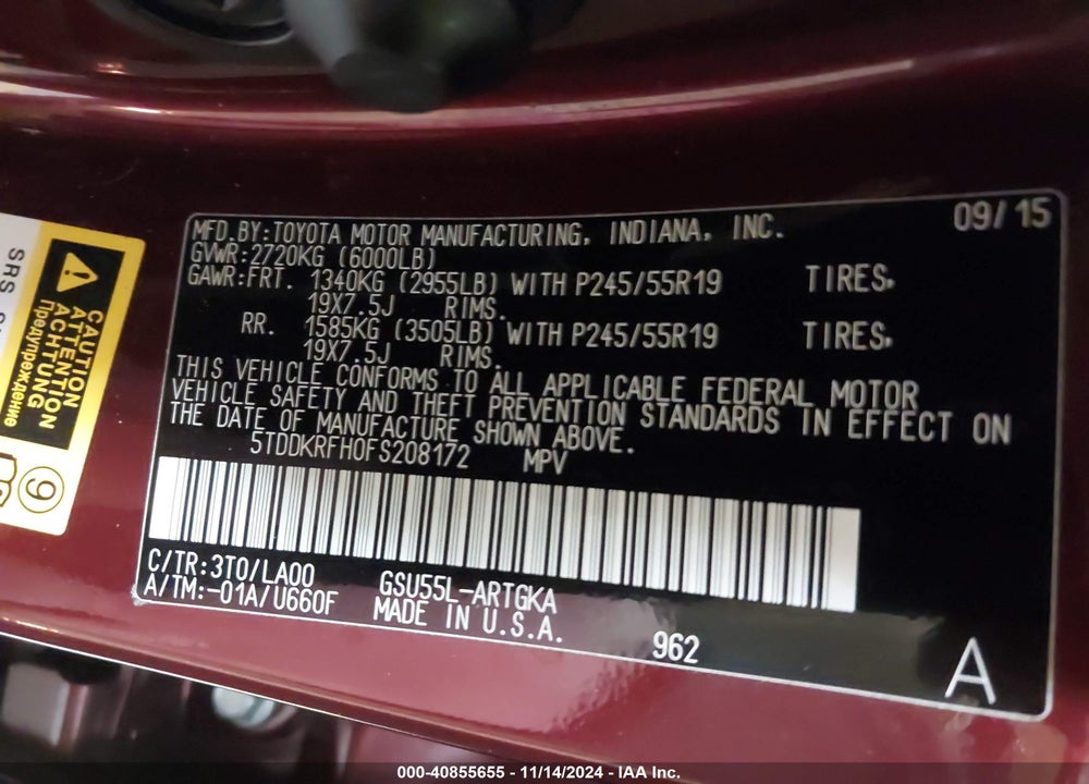 2015 TOYOTA HIGHLANDER LIMITED V6 VIN: 5TDDKRFH0FS208172