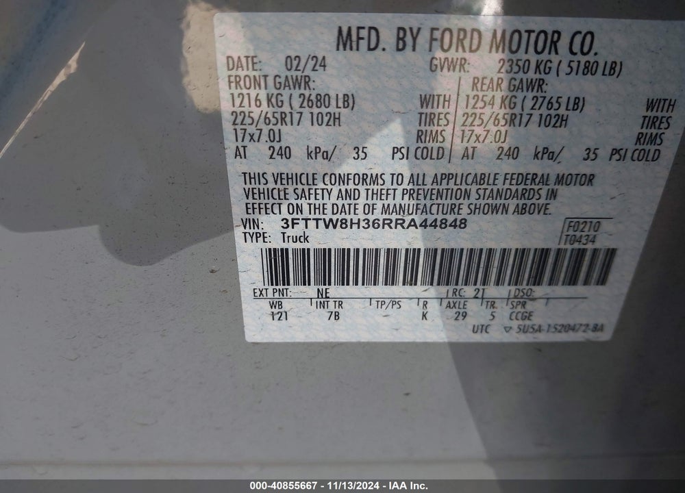 2024 FORD MAVERICK XLT VIN: 3FTTW8H36RRA44848