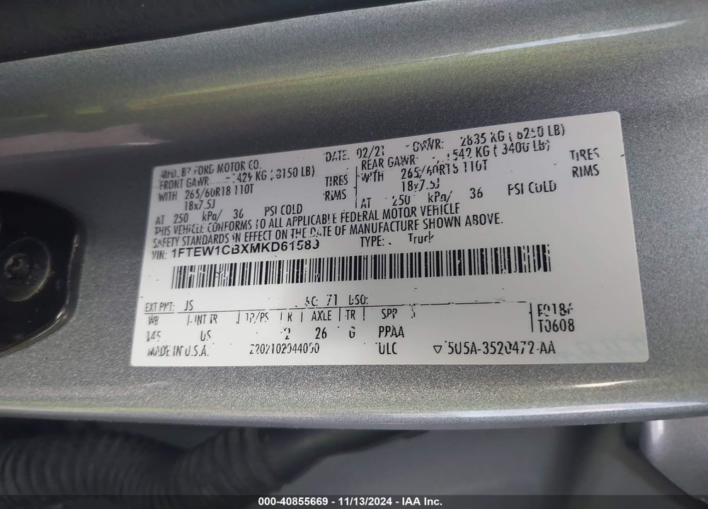 2021 FORD F-150 XLT VIN: 1FTEW1CBXMKD61589