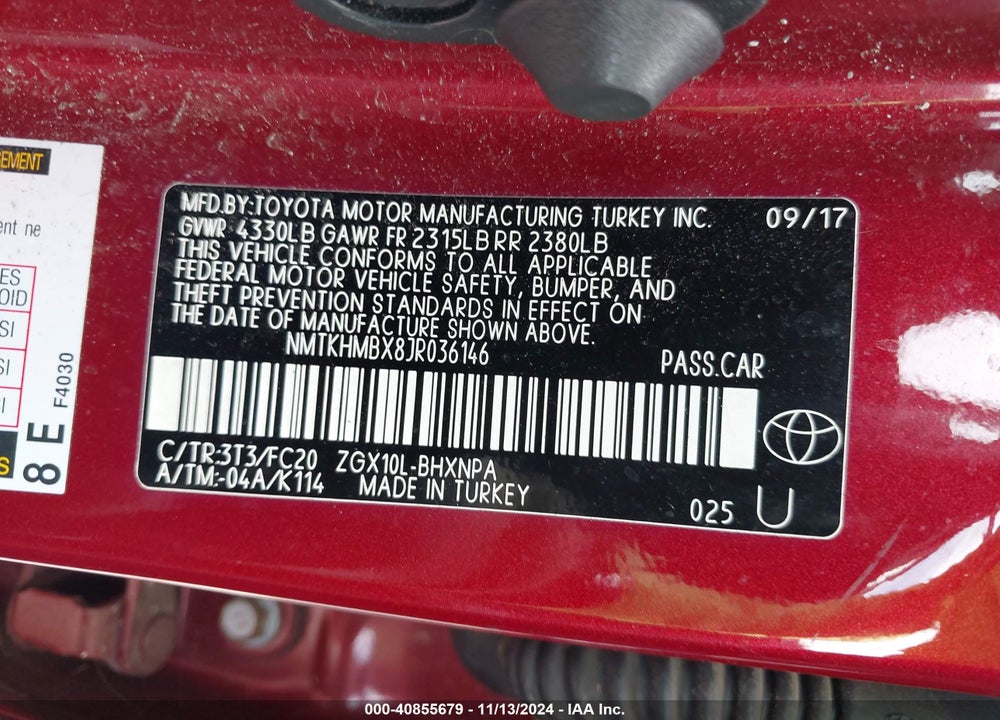 2018 TOYOTA C-HR XLE PREMIUM VIN: NMTKHMBX8JR036146