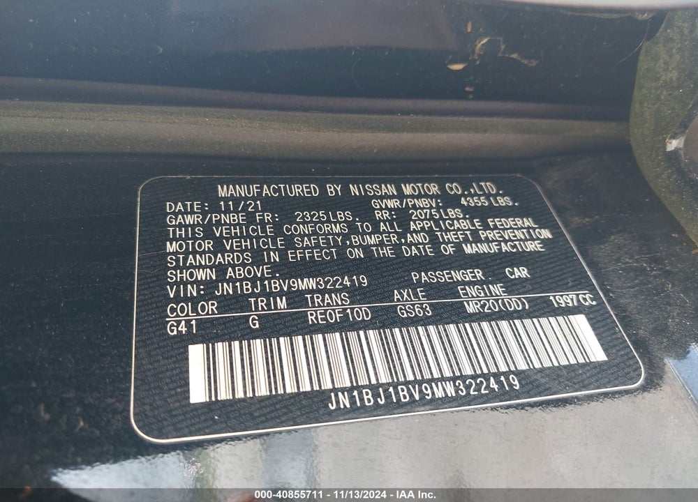 2021 NISSAN ROGUE SPORT SV FWD XTRONIC CVT VIN: JN1BJ1BV9MW322419