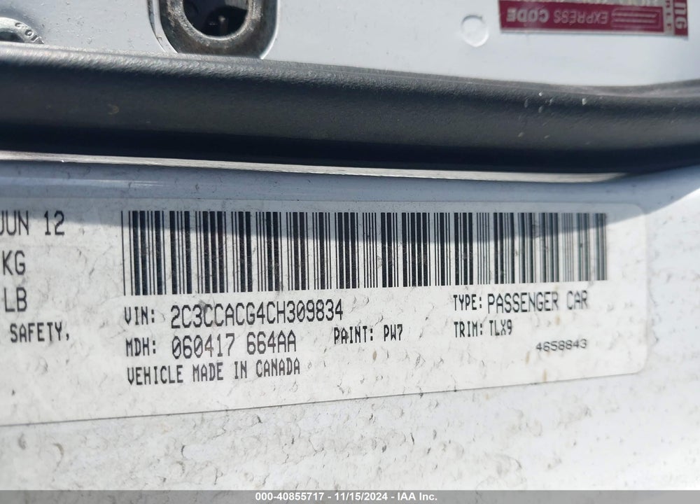 2012 CHRYSLER 300 VIN: 2C3CCACG4CH309834