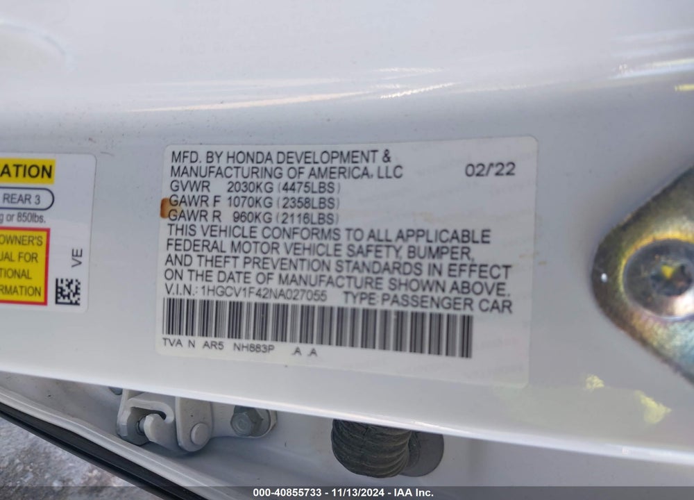 2022 HONDA ACCORD VIN: 1HGCV1F42NA027055