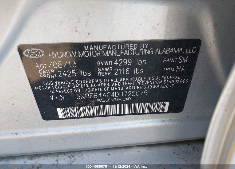 2013 HYUNDAI SONATA GLS VIN: 5NPEB4AC4DH725075