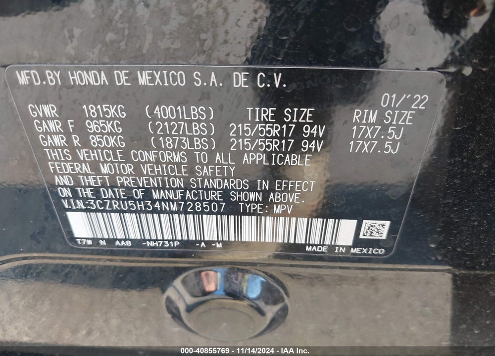 2022 HONDA HR-V 2WD LX VIN: 3CZRU5H34NM728507