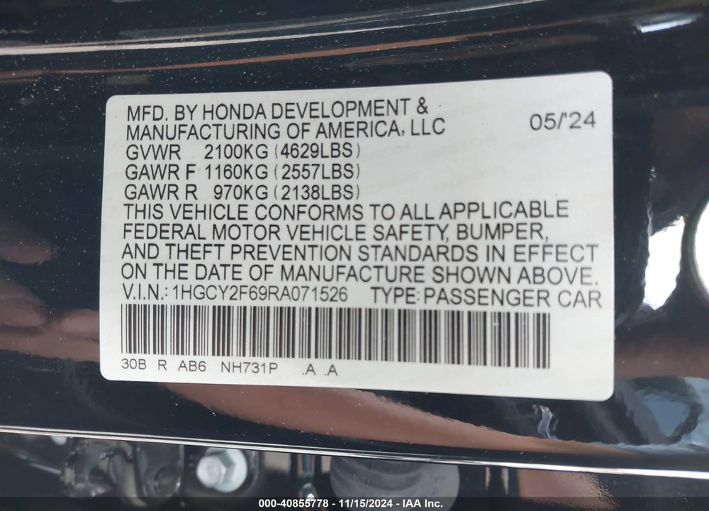 2024 HONDA ACCORD HYBRID EX-L VIN: 1HGCY2F69RA071526