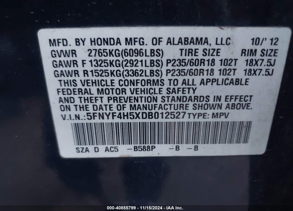 2013 HONDA PILOT EX-L VIN: 5FNYF4H5XDB012527