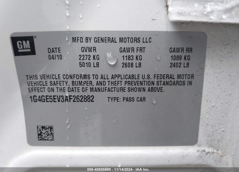 2010 BUICK LACROSSE CXS VIN: 1G4GE5EV3AF262882