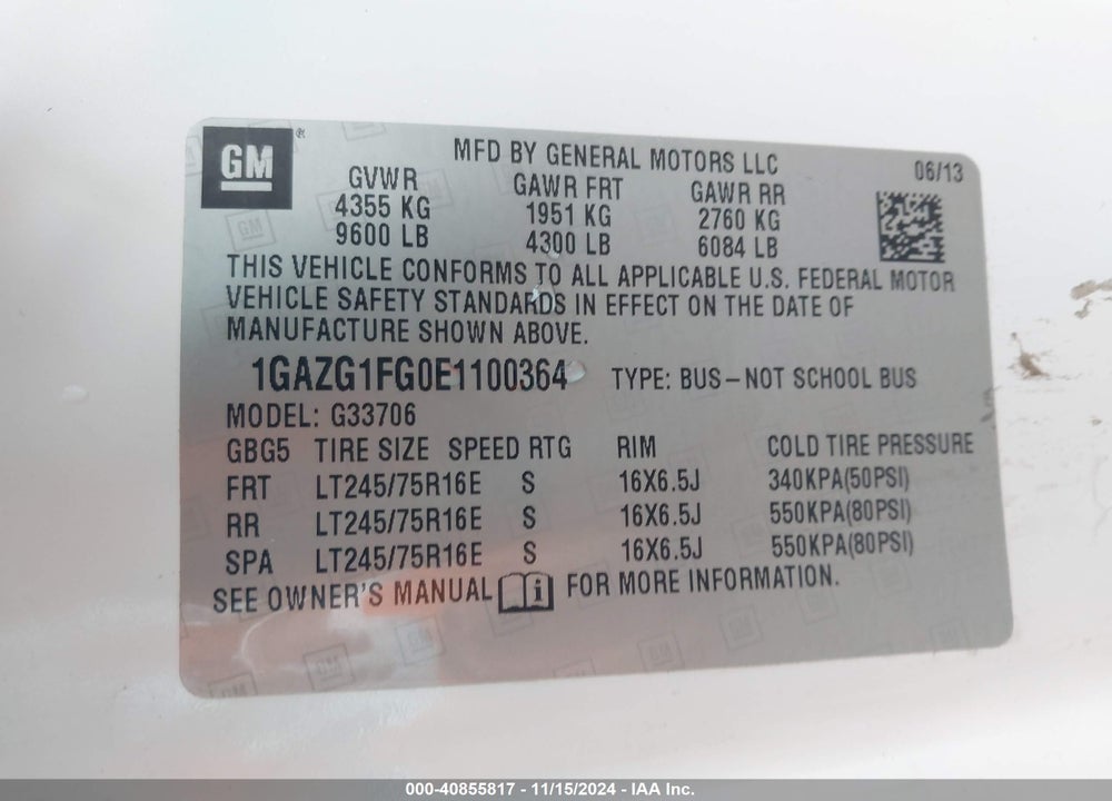 2014 CHEVROLET EXPRESS 3500 LT VIN: 1GAZG1FG0E1100364