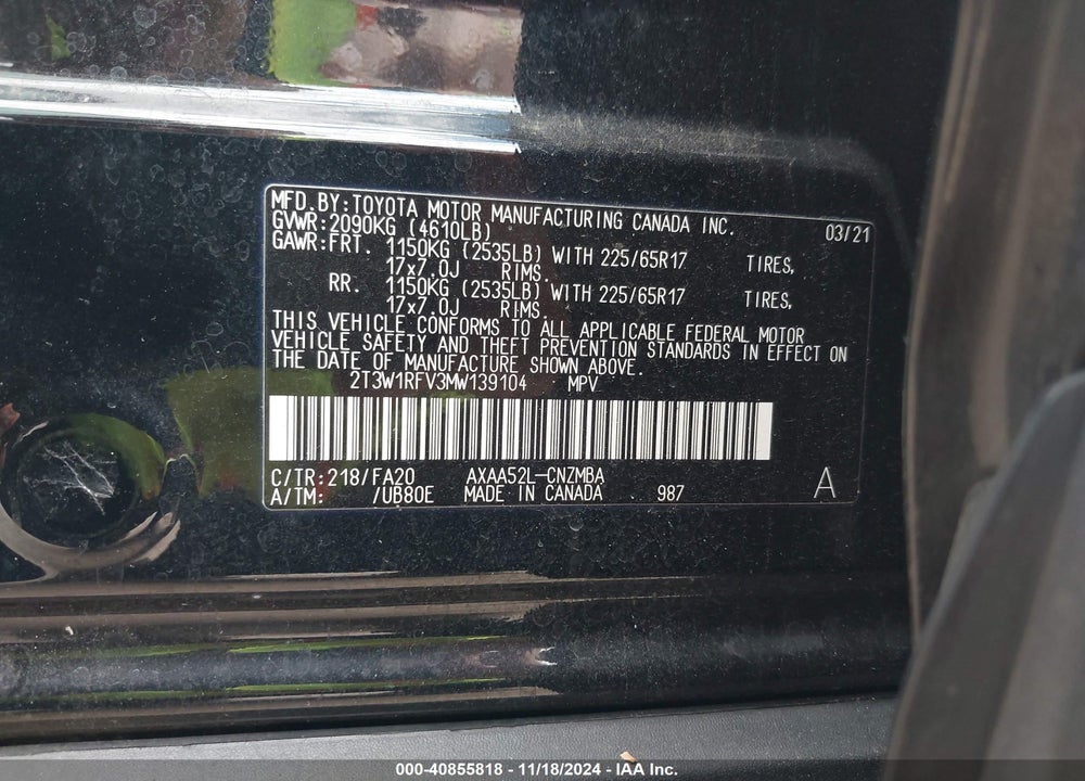 2021 TOYOTA RAV4 XLE VIN: 2T3W1RFV3MW139104