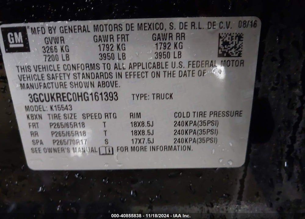 2017 CHEVROLET SILVERADO 1500 2LT VIN: 3GCUKREC0HG161393