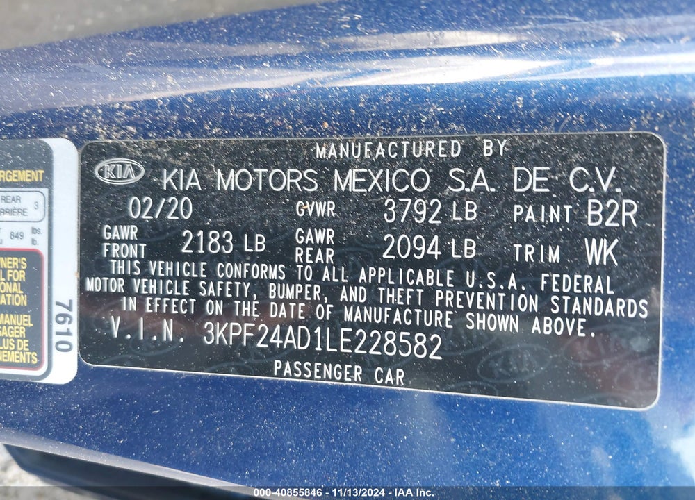 2020 KIA FORTE LXS VIN: 3KPF24AD1LE228582