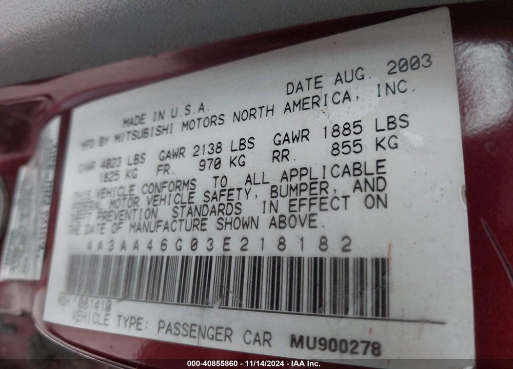 2003 MITSUBISHI GALANT ES/LS VIN: 4A3AA46G03E218182