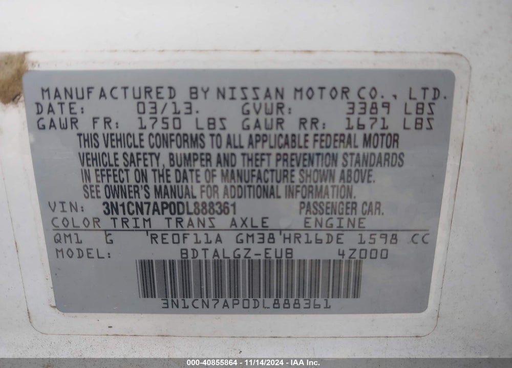 2013 NISSAN VERSA 1.6 SL VIN: 3N1CN7AP0DL888361
