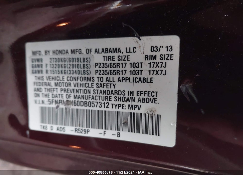 2013 HONDA ODYSSEY EX-L VIN: 5FNRL5H60DB057312