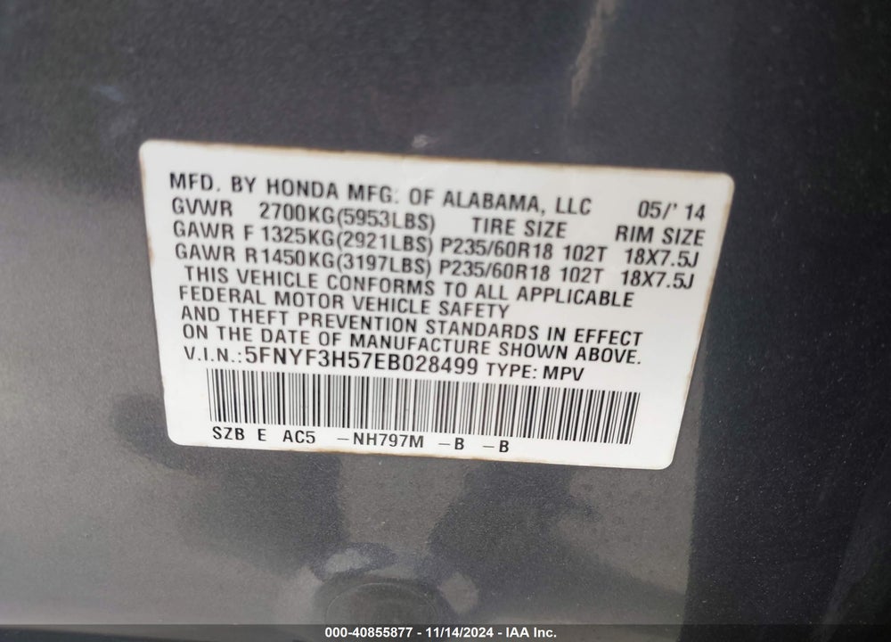 2014 HONDA PILOT EX-L VIN: 5FNYF3H57EB028499