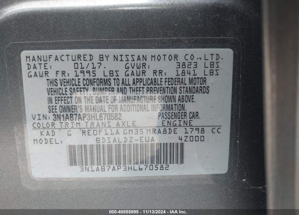 2017 NISSAN SENTRA VIN: 3N1AB7AP3HL670582