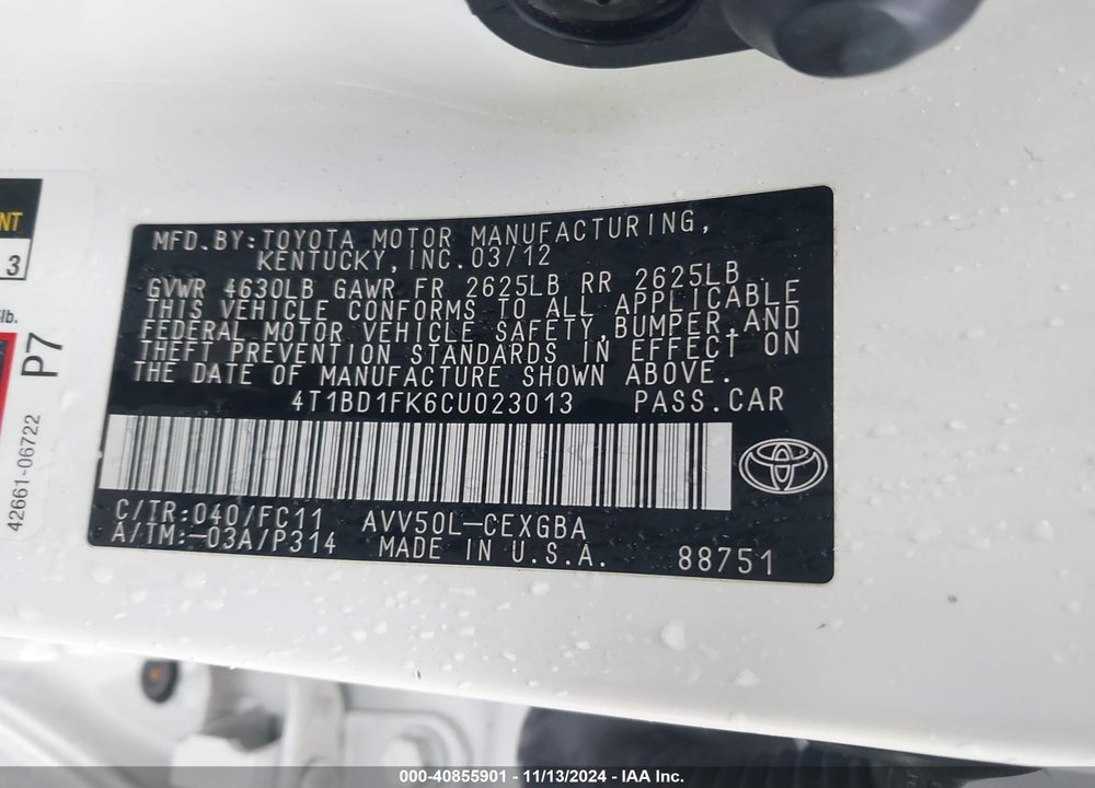 2012 TOYOTA CAMRY HYBRID VIN: 4T1BD1FK6CU023013