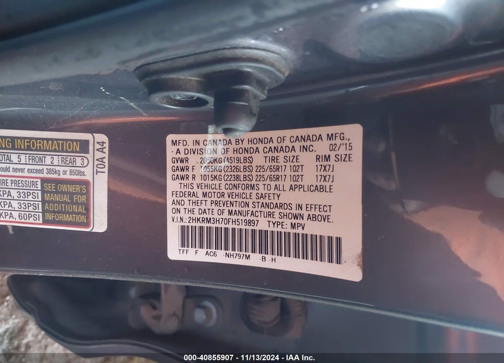 2015 HONDA CR-V EX-L VIN: 2HKRM3H70FH519897