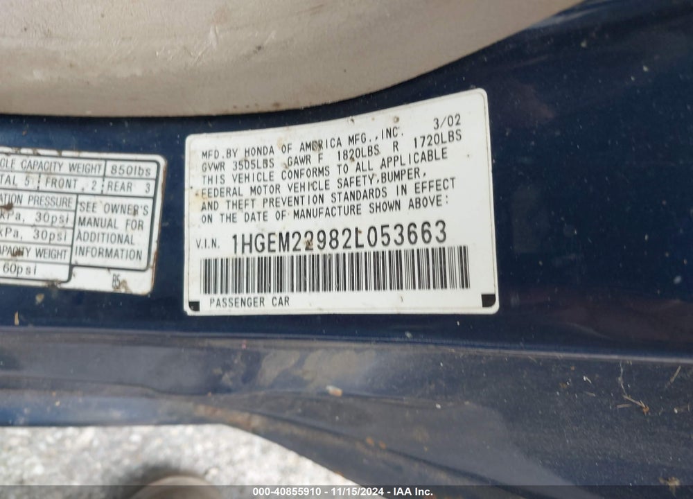 2002 HONDA CIVIC EX VIN: 1HGEM22982L053663