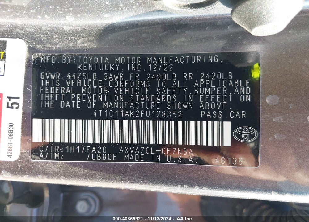 2023 TOYOTA CAMRY VIN: 4T1C11AK2PU128352