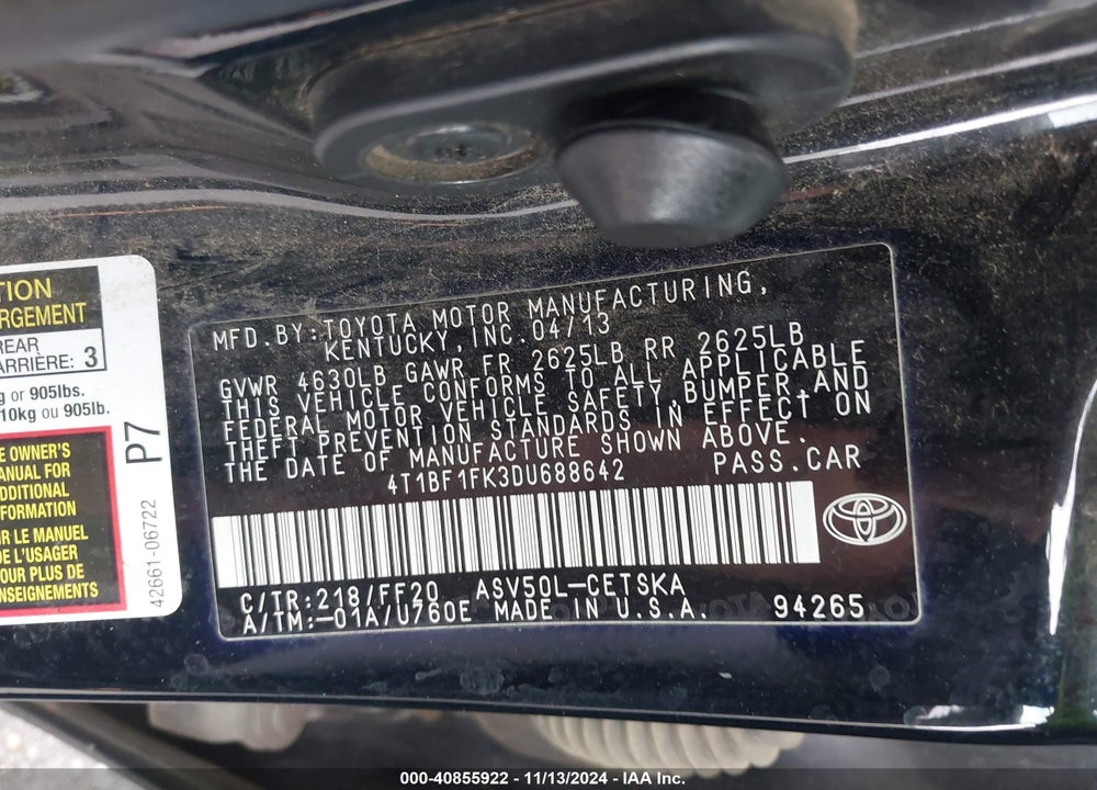 2013 TOYOTA CAMRY SE VIN: 4T1BF1FK3DU688642