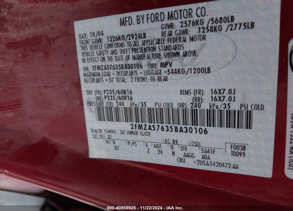 2005 FORD FREESTAR SES VIN: 2FMZA57635BA30106