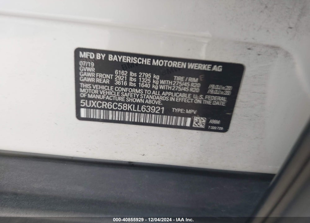 2019 BMW X5 XDRIVE40I VIN: 5UXCR6C58KLL63921