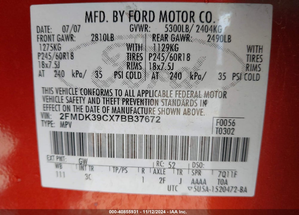2007 FORD EDGE SEL PLUS VIN: 2FMDK39CX7BB37672