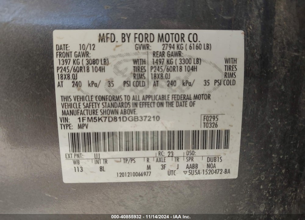 2013 FORD EXPLORER VIN: 1FM5K7D81DGB37210