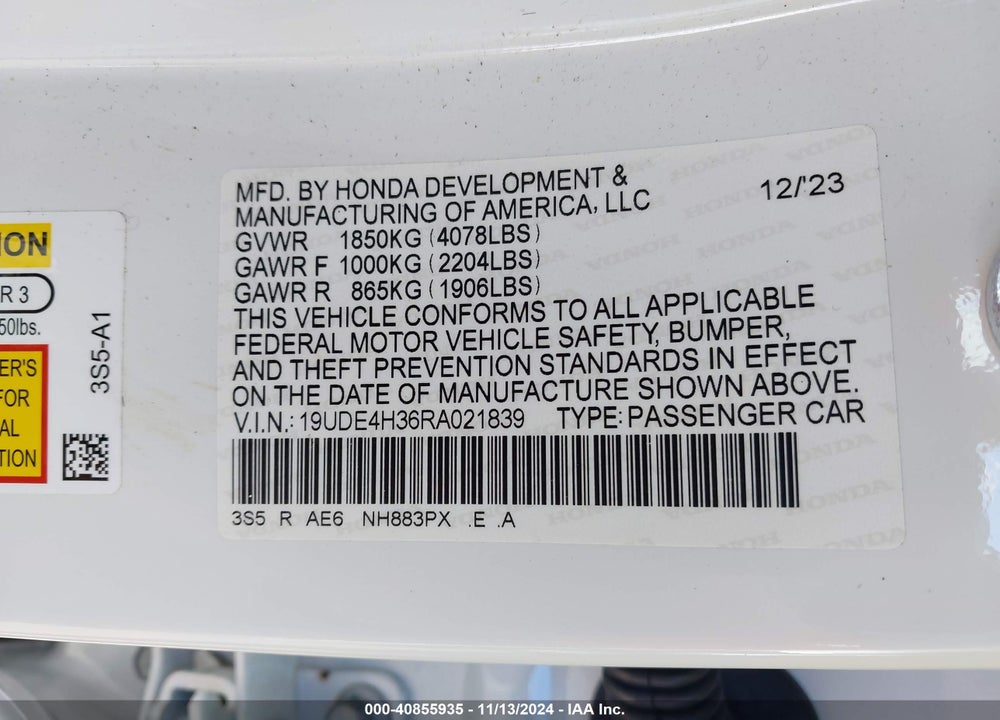2024 ACURA INTEGRA A-SPEC VIN: 19UDE4H36RA021839