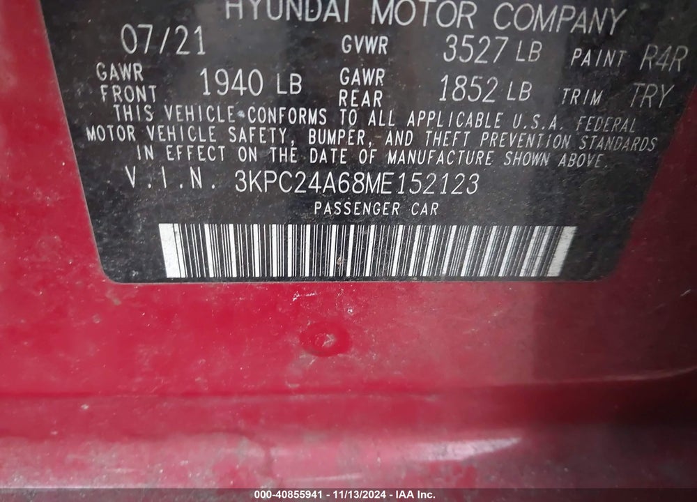 2021 HYUNDAI ACCENT VIN: 3KPC24A68ME152123