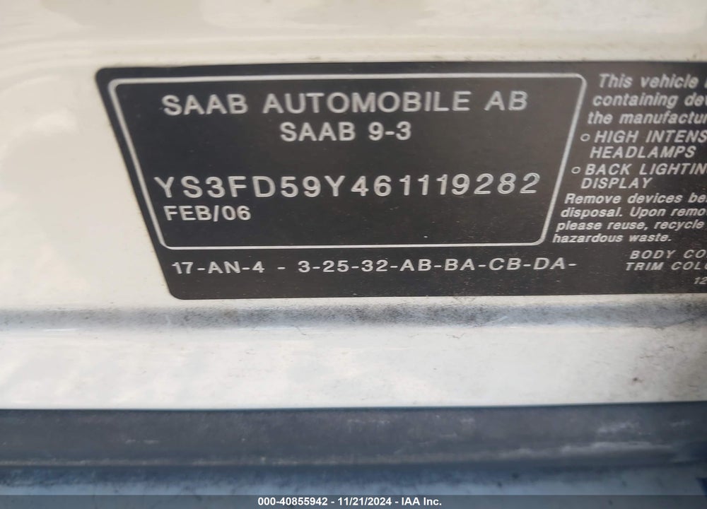 2006 SAAB 9-3 2.0T VIN: YS3FD59Y461119282