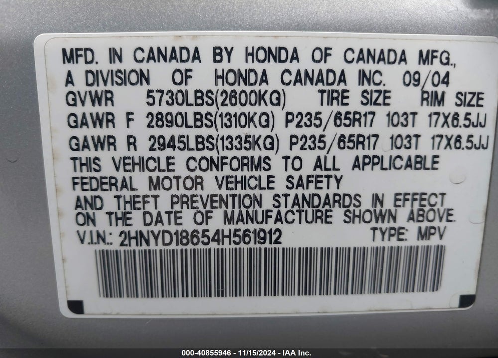 2004 ACURA MDX VIN: 2HNYD18654H561912