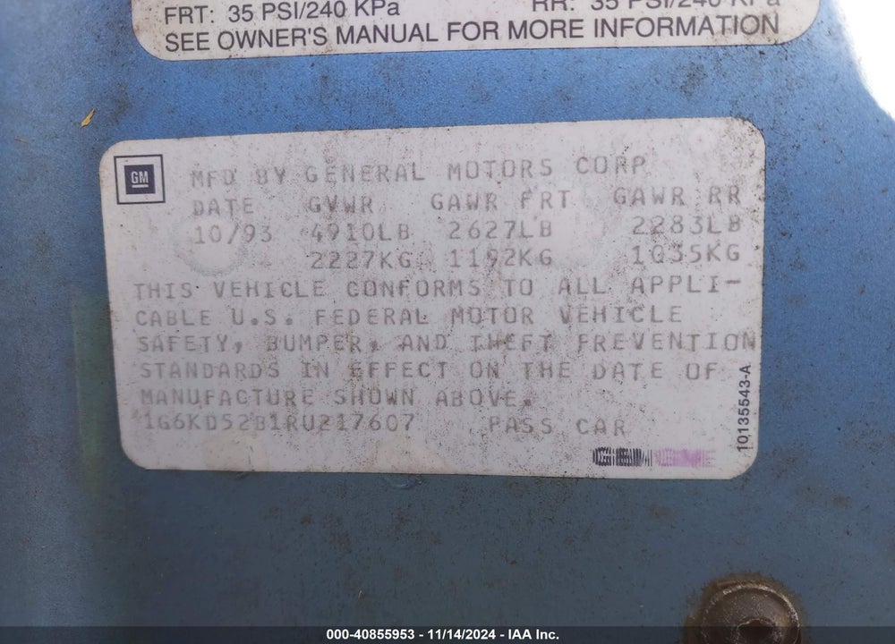 1994 CADILLAC DEVILLE VIN: 1G6KD52B1RU217607
