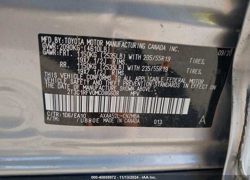 2021 TOYOTA RAV4 XLE PREMIUM VIN: 2T3C1RFV0MC086608