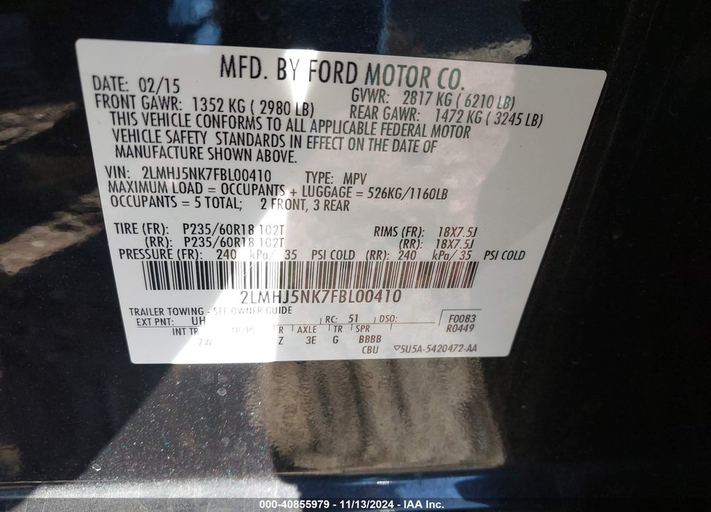 2015 LINCOLN MKT LIVERY VIN: 2LMHJ5NK7FBL00410