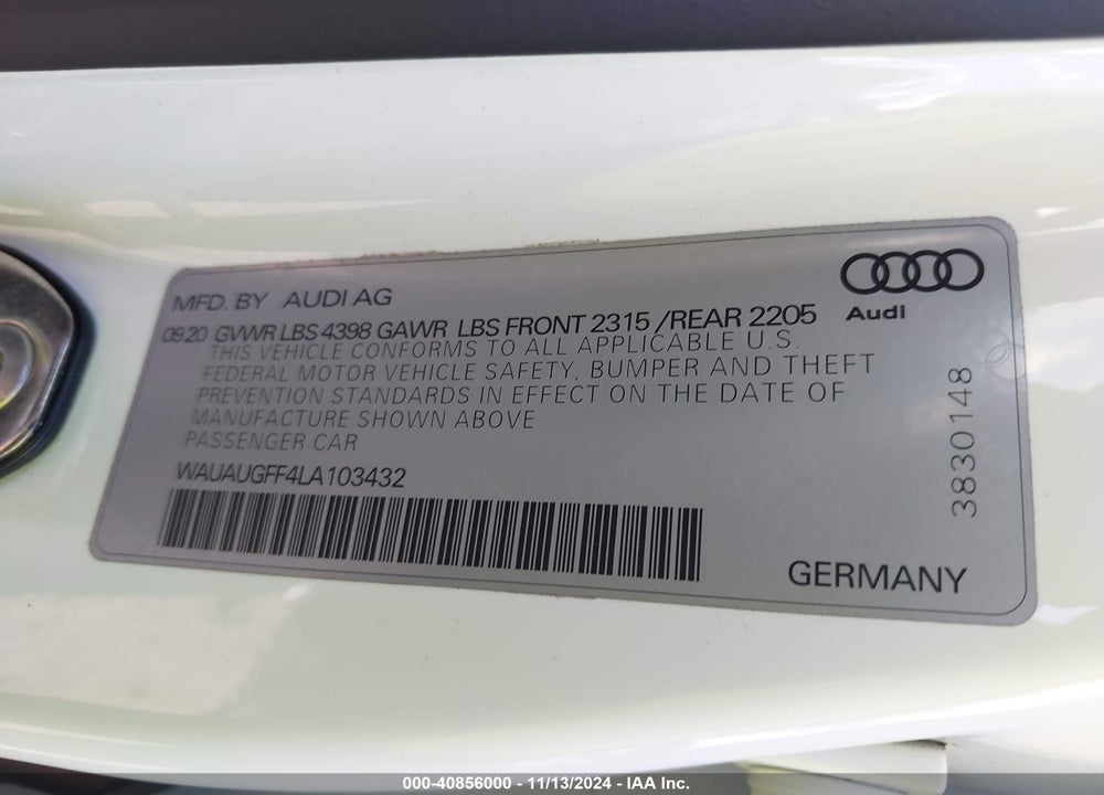 2020 AUDI A3 PREMIUM 40 TFSI FRONT-WHEEL DRIVE S TRONIC VIN: WAUAUGFF4LA103432