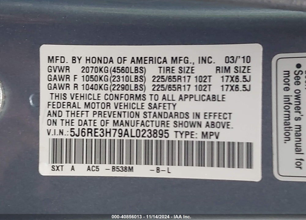 2010 HONDA CR-V EX-L VIN: 5J6RE3H79AL023895