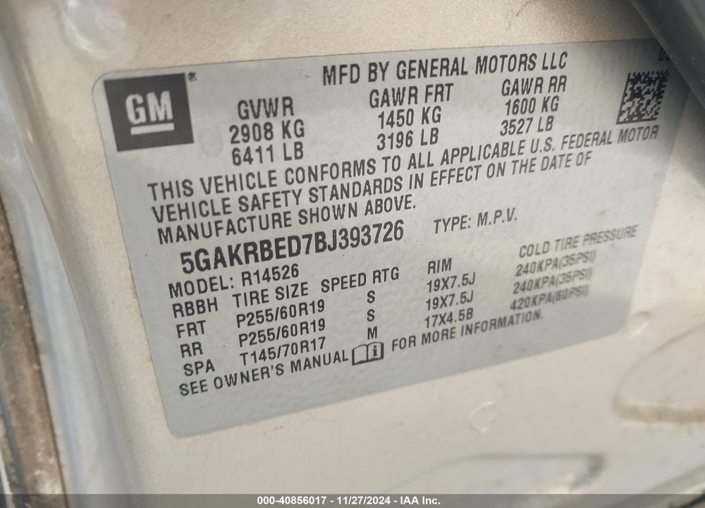 2011 BUICK ENCLAVE 1XL VIN: 5GAKRBED7BJ393726