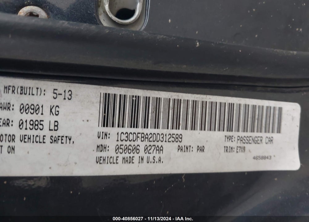 2013 DODGE DART VIN: 1C3CDFBA2DD312589