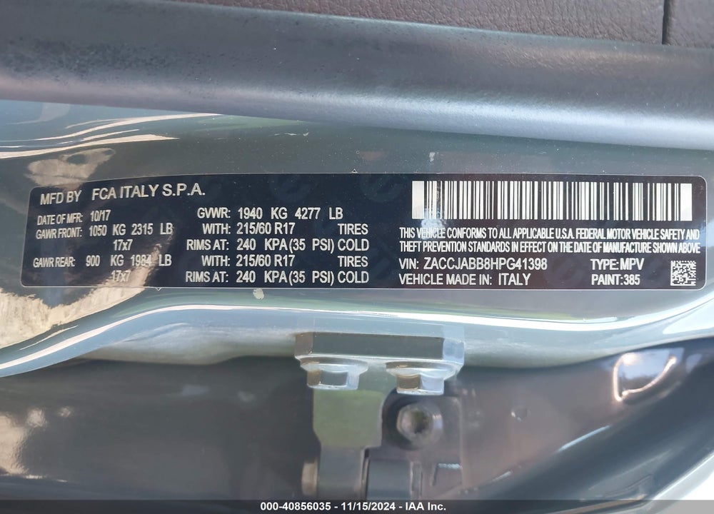 2017 JEEP RENEGADE LATITUDE FWD VIN: ZACCJABB8HPG41398