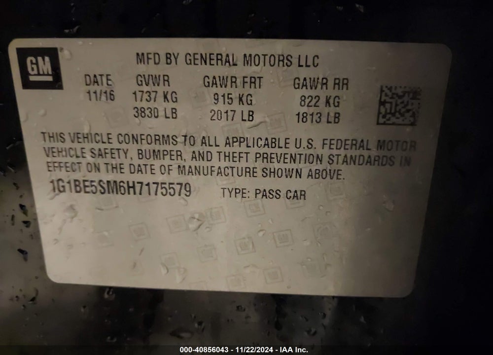 2017 CHEVROLET CRUZE LT AUTO VIN: 1G1BE5SM6H7175579